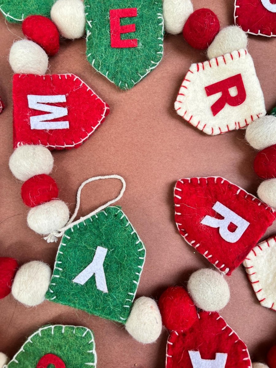 Upcycled Felt Merry Christmas 3d Garland - 72 Inches – Decor & Artefacts on Brown Living™. SKU: SNMX01. Img 2.