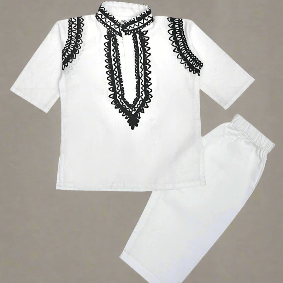 White Cotton Baby Boy Kurta Pajama Set with Kashmiri Ari