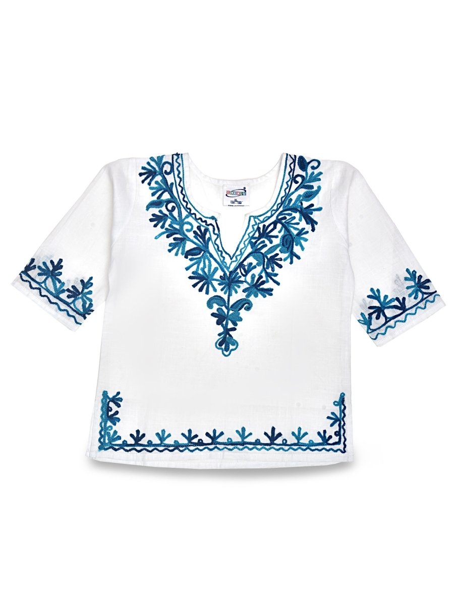 White Cotton Baby Girl Kurta Pajama Set with Blue Kashmiri Ari Embroidery