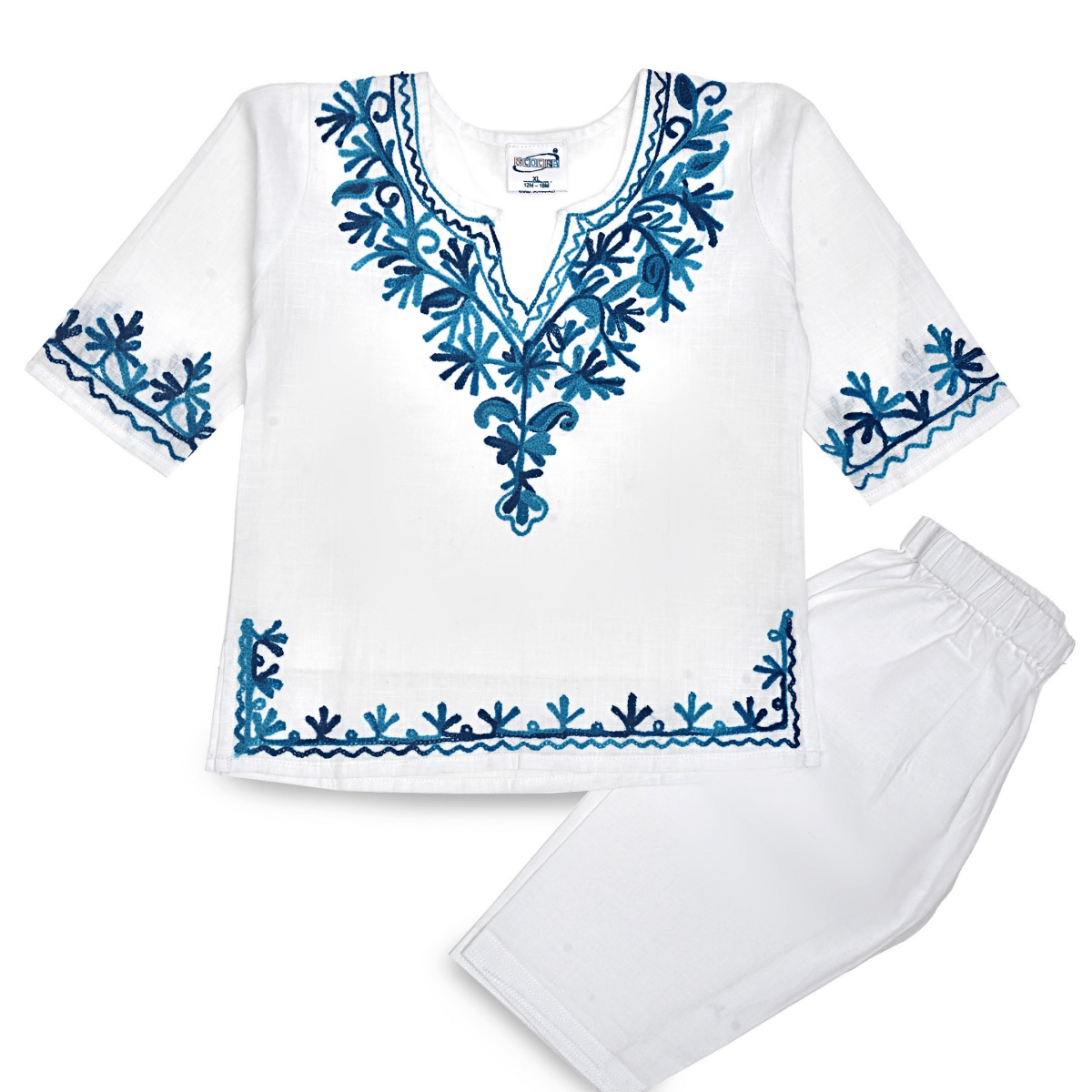 White Cotton Baby Girl Kurta Pajama Set with Blue Kashmiri Ari Embroidery