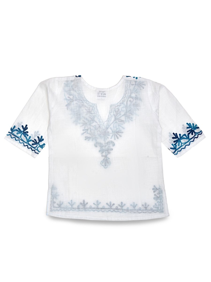 White Cotton Baby Girl Kurta Pajama Set with Blue Kashmiri Ari Embroidery