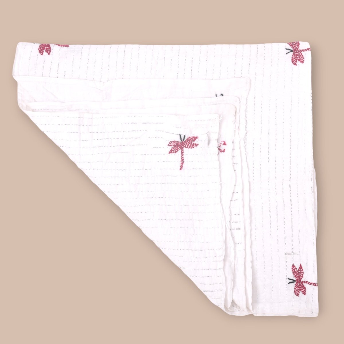 White Mulmul Dragon Fly Design Hand Embroidered Baby Nakshi Kantha – Baby Swaddle on Brown Living™. SKU: STRNAKDRA08 - RED. Img 13.