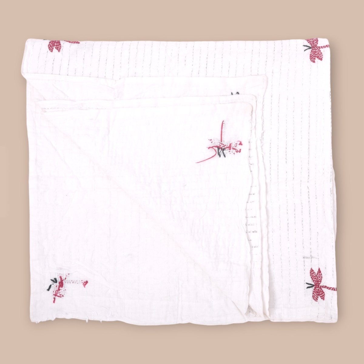 White Mulmul Dragon Fly Design Hand Embroidered Baby Nakshi Kantha – Baby Swaddle on Brown Living™. SKU: STRNAKDRA08 - BLUE. Img 2.