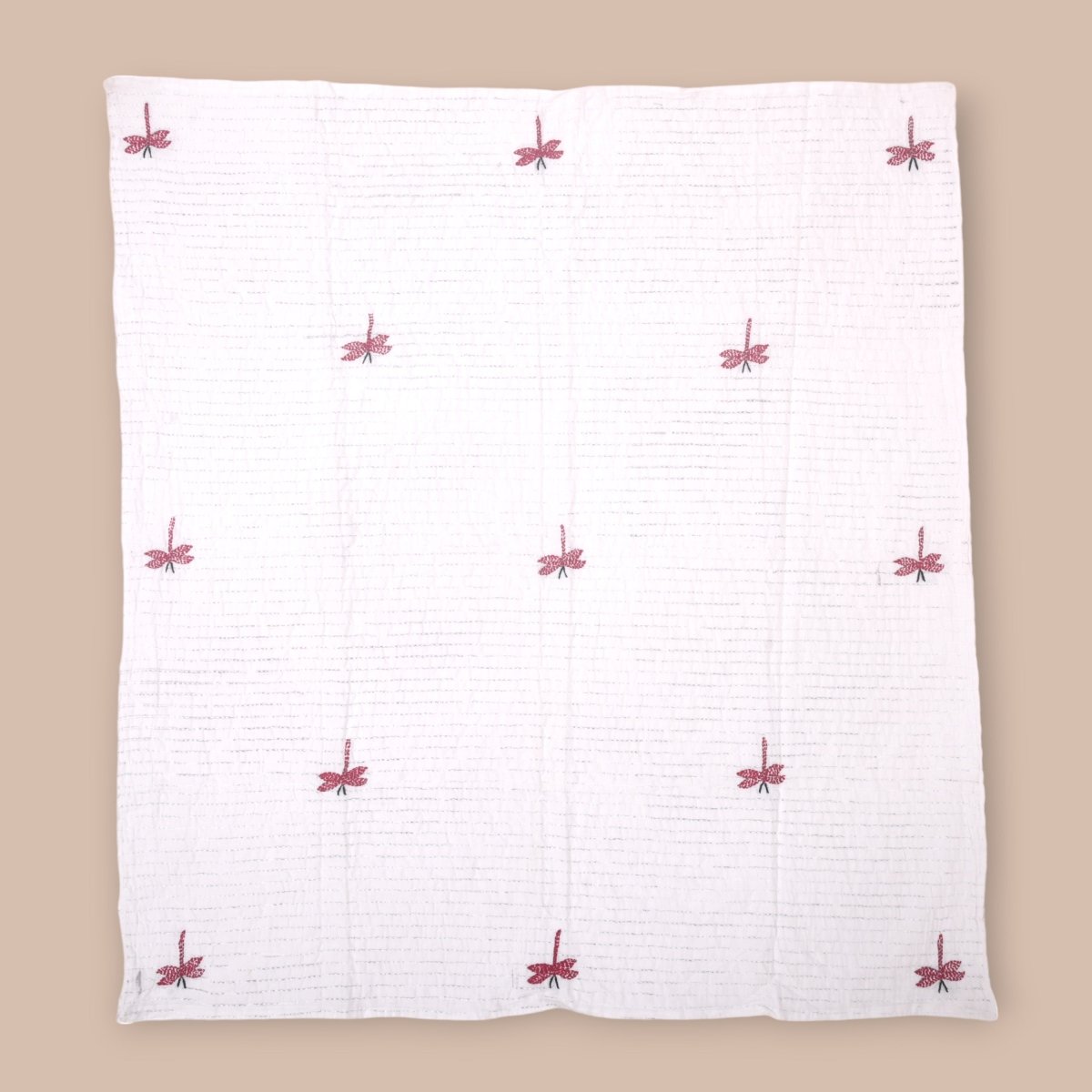 White Mulmul Dragon Fly Design Hand Embroidered Baby Nakshi Kantha – Baby Swaddle on Brown Living™. SKU: STRNAKDRA08 - RED. Img 12.