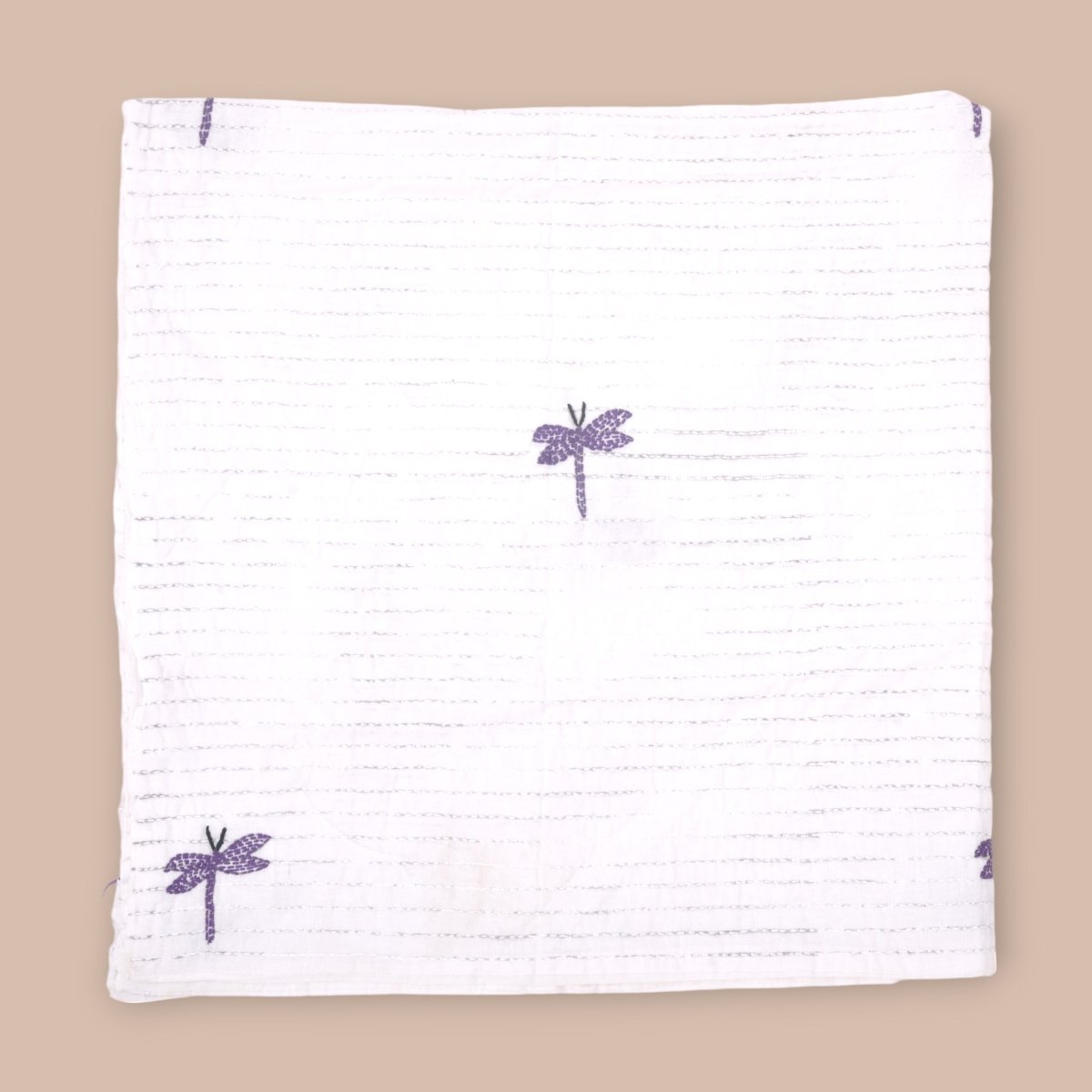 White Mulmul Dragon Fly Design Hand Embroidered Baby Nakshi Kantha – Baby Swaddle on Brown Living™. SKU: STRNAKDRA08 - PURPLE. Img 4.