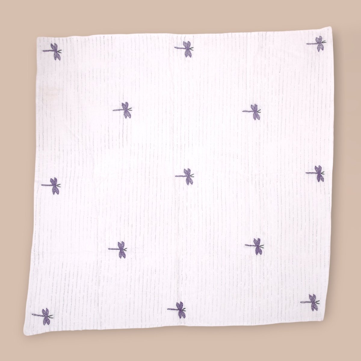 White Mulmul Dragon Fly Design Hand Embroidered Baby Nakshi Kantha – Baby Swaddle on Brown Living™. SKU: STRNAKDRA08 - PURPLE. Img 3.