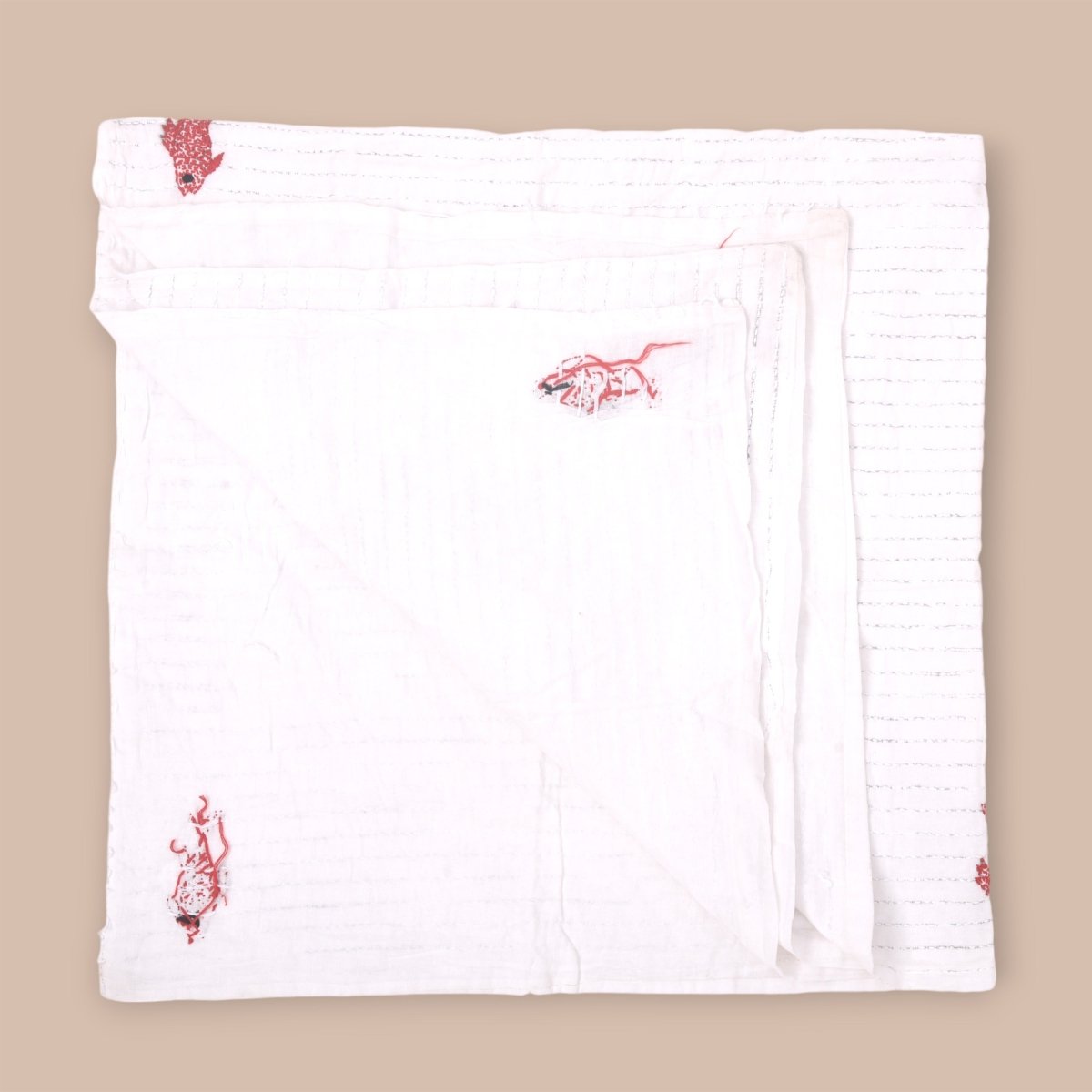 White Mulmul Fish Design Hand Embroidered Baby Nakshi Kantha – Baby Swaddle on Brown Living™. SKU: STRNAKFIS09 - RED. Img 4.