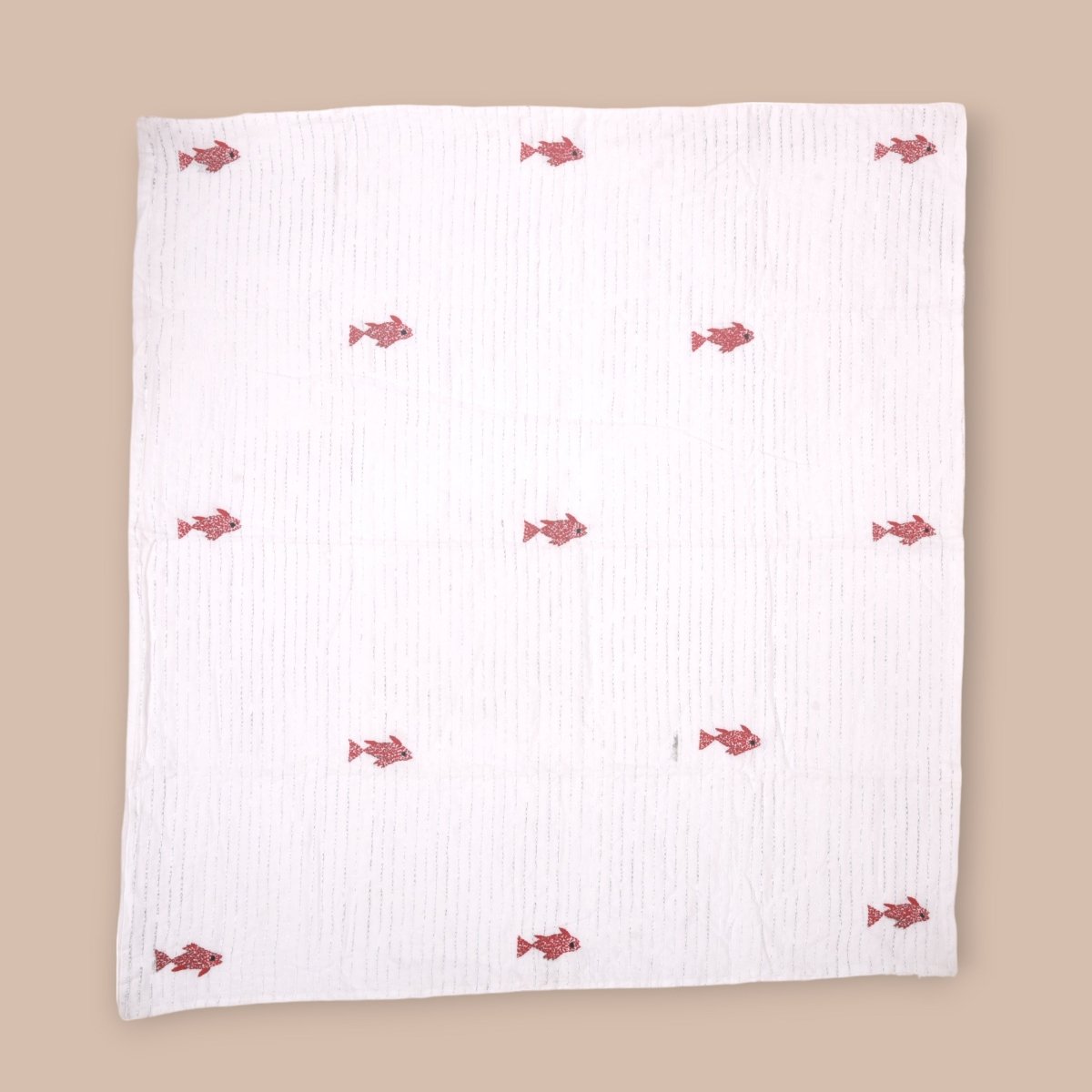 White Mulmul Fish Design Hand Embroidered Baby Nakshi Kantha – Baby Swaddle on Brown Living™. SKU: STRNAKFIS09 - RED. Img 1.