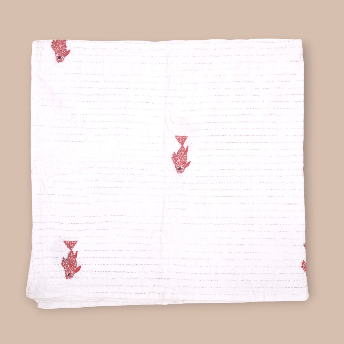 White Mulmul Fish Design Hand Embroidered Baby Nakshi Kantha – Baby Swaddle on Brown Living™. SKU: STRNAKFIS09 - RED. Img 5.