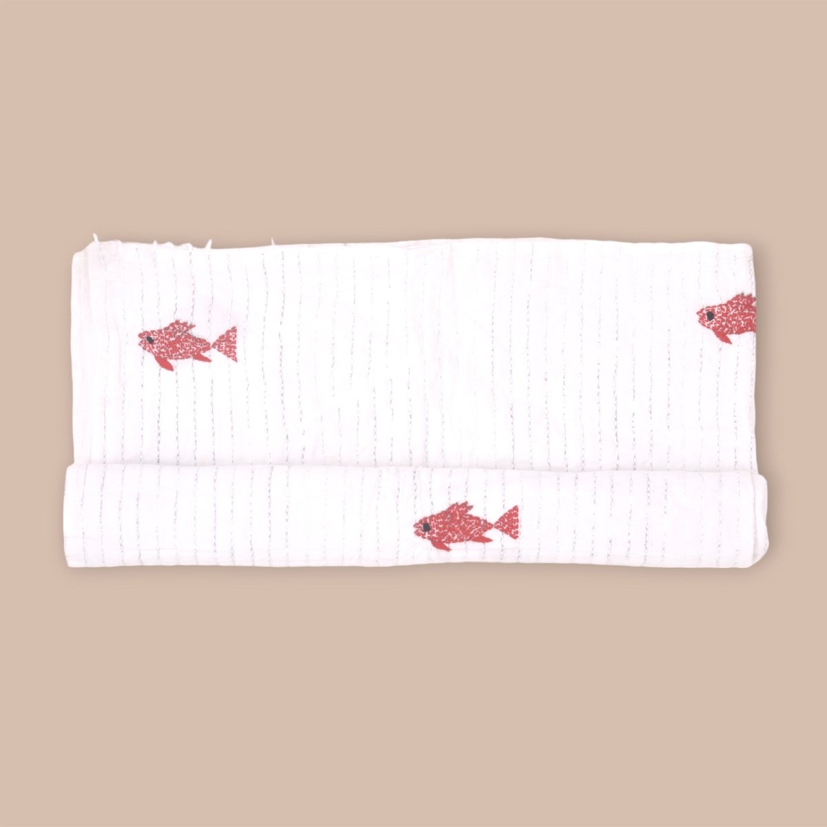 White Mulmul Fish Design Hand Embroidered Baby Nakshi Kantha – Baby Swaddle on Brown Living™. SKU: STRNAKFIS09 - RED. Img 2.
