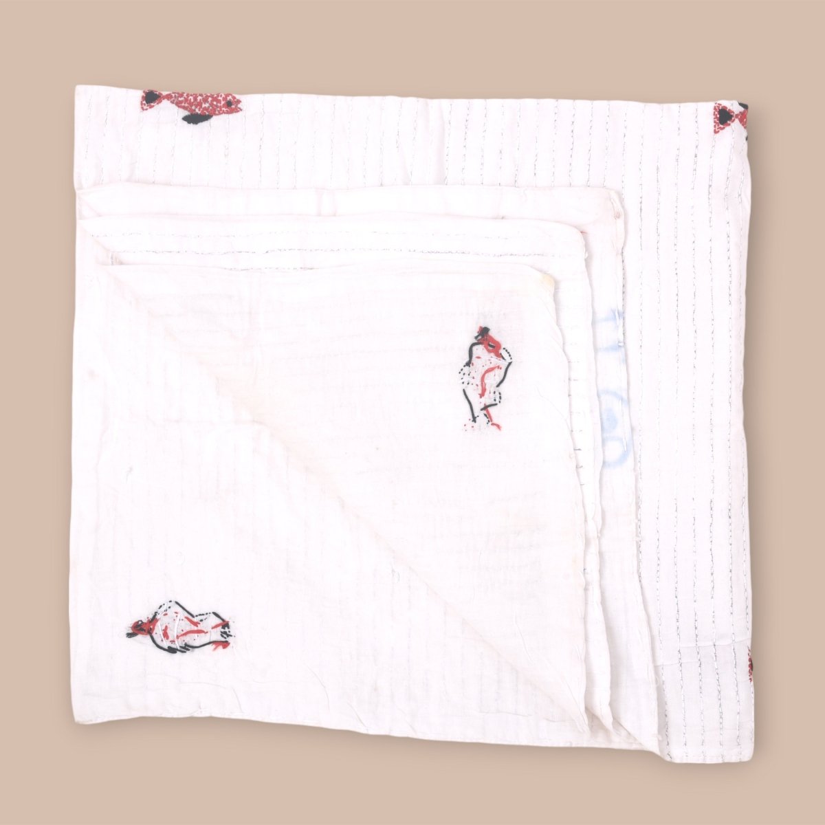 White Mulmul Fish Design Hand Embroidered Baby Nakshi Kantha – Baby Swaddle on Brown Living™. SKU: STRNAKFIS09 - RED. Img 7.