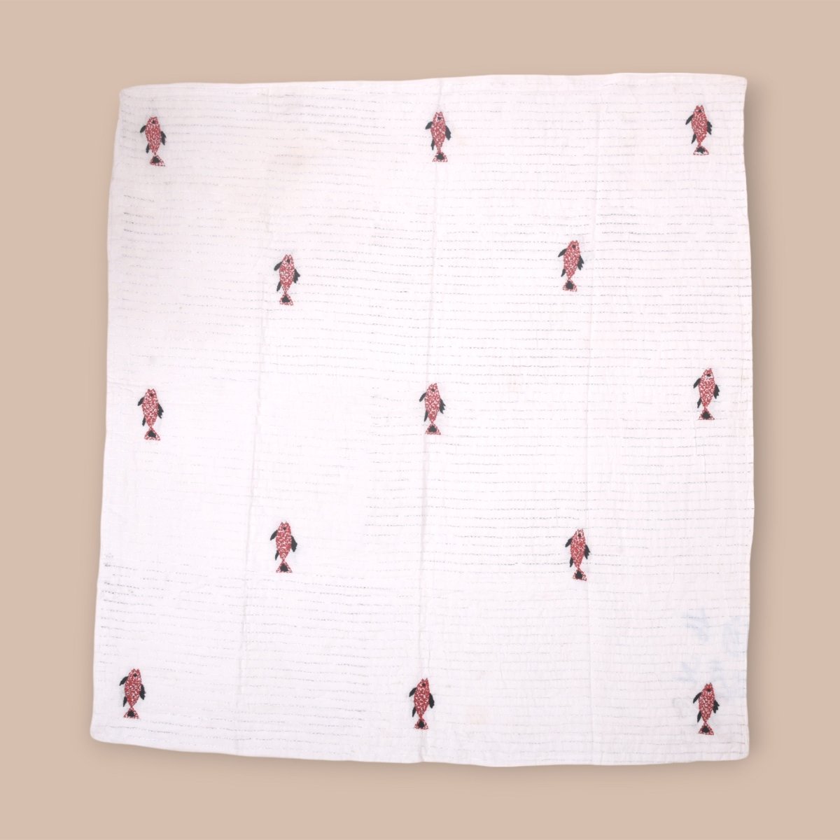 White Mulmul Fish Design Hand Embroidered Baby Nakshi Kantha – Baby Swaddle on Brown Living™. SKU: STRNAKFIS09 - REDBLACK. Img 8.