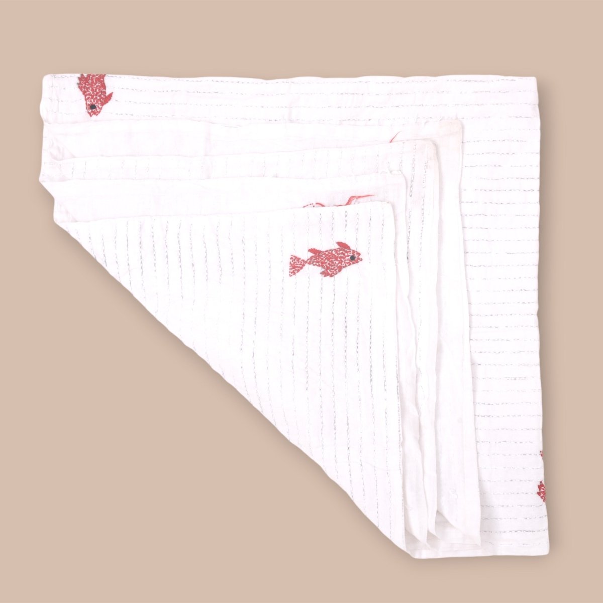 White Mulmul Fish Design Hand Embroidered Baby Nakshi Kantha – Baby Swaddle on Brown Living™. SKU: STRNAKFIS09 - RED. Img 3.