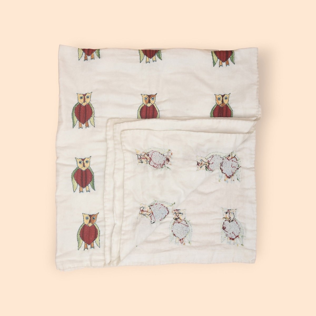 White Mulmul Hand Embroidered Baby Nakshi Kantha – Baby Swaddle on Brown Living™. SKU: ST - MUL - KAN - OWL - 01. Img 3.