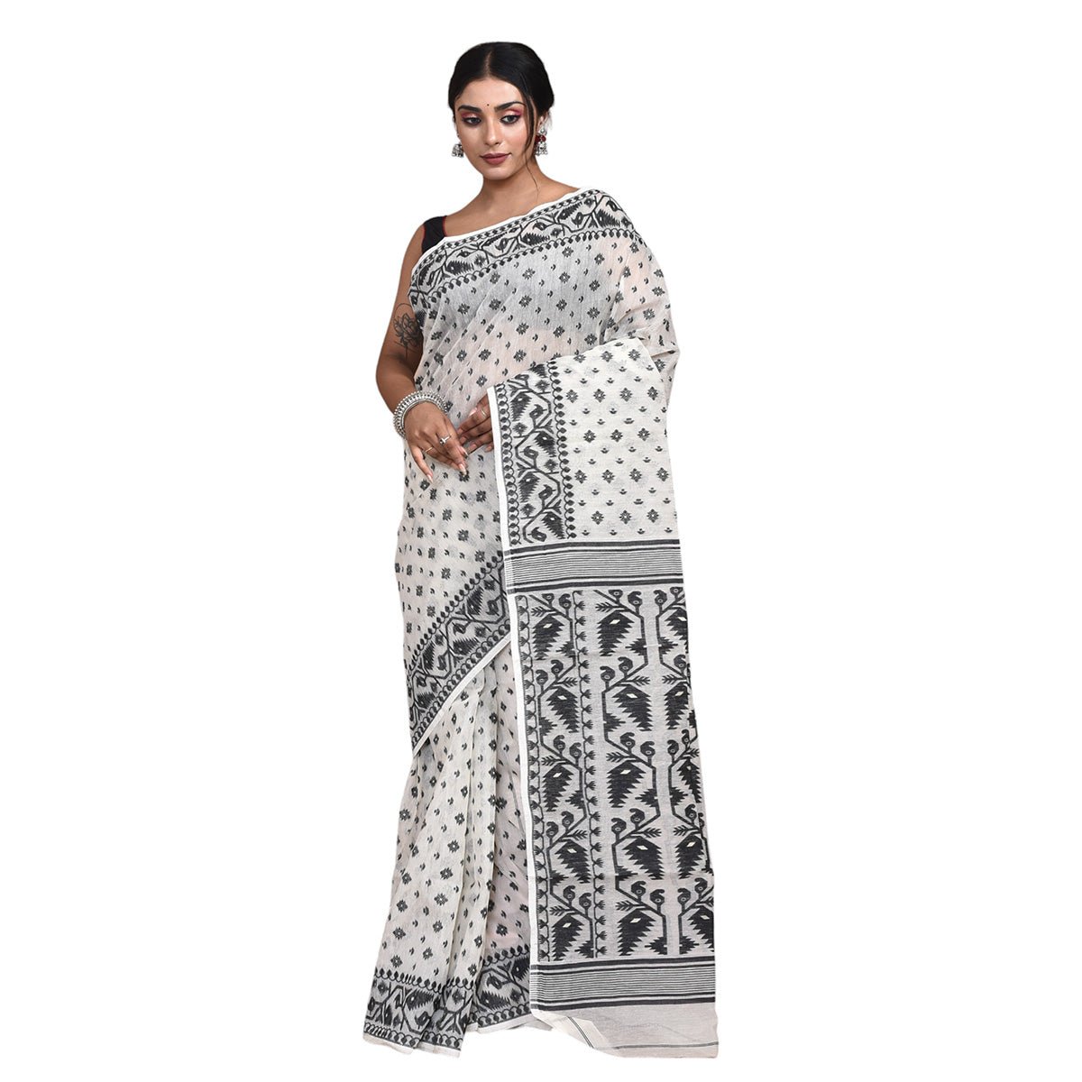 White Pure Cotton Bengal Dhakai Jamdani Saree – Womens Saree by Stotra available on Brown Living™. . SKU: STRCOTSARDHA05. Img 2.