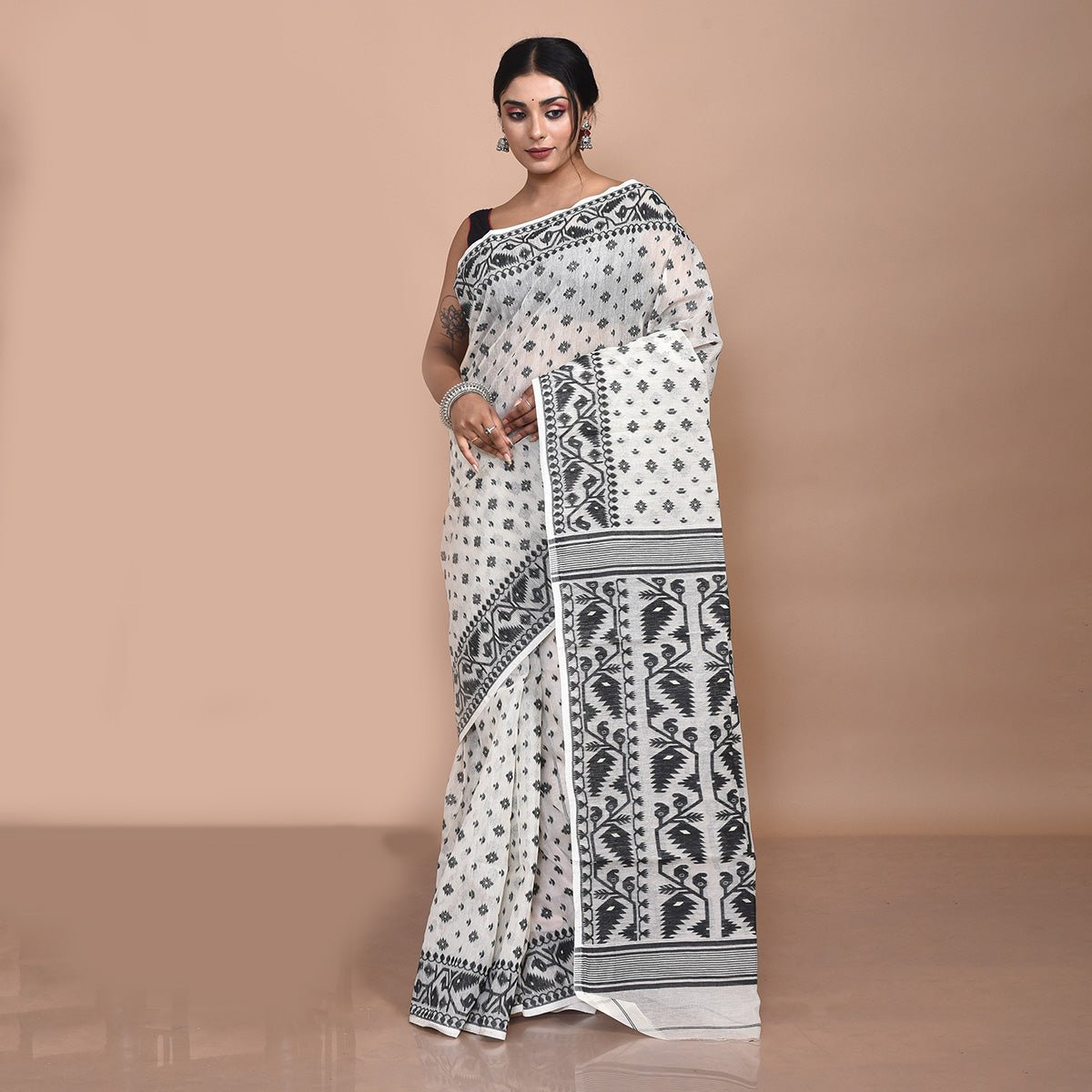 White Pure Cotton Bengal Dhakai Jamdani Saree – Womens Saree by Stotra available on Brown Living™. . SKU: STRCOTSARDHA05. Img 1.