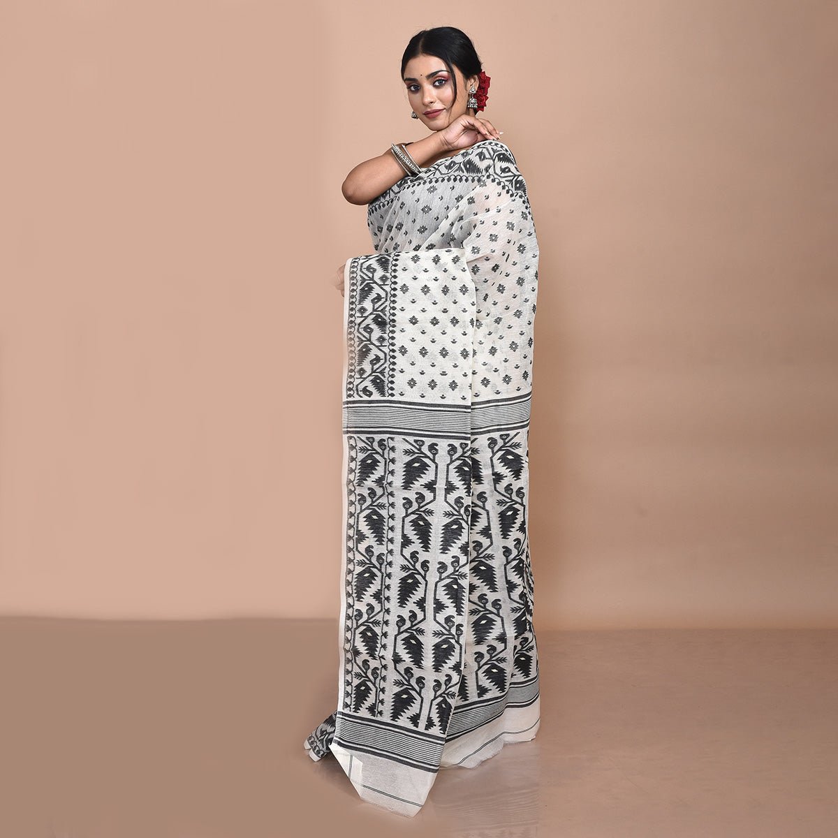White Pure Cotton Bengal Dhakai Jamdani Saree – Womens Saree by Stotra available on Brown Living™. . SKU: STRCOTSARDHA05. Img 6.