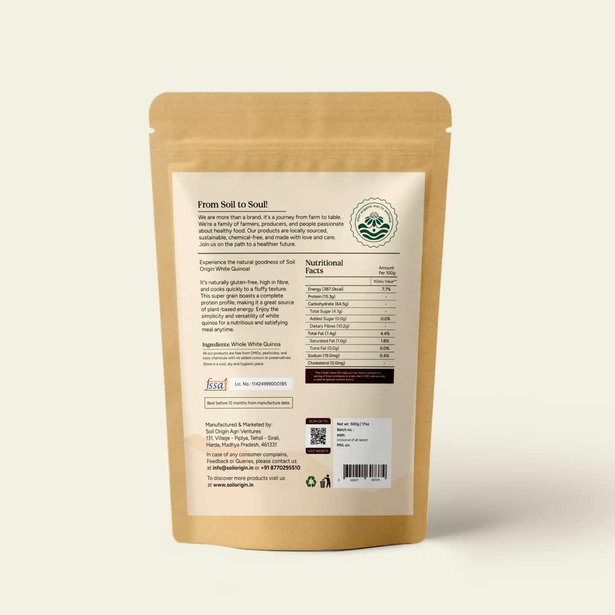 White Quinoa | Gluten - Free | Fiber - Rich | 500g | Verified Sustainable by Brown Living™