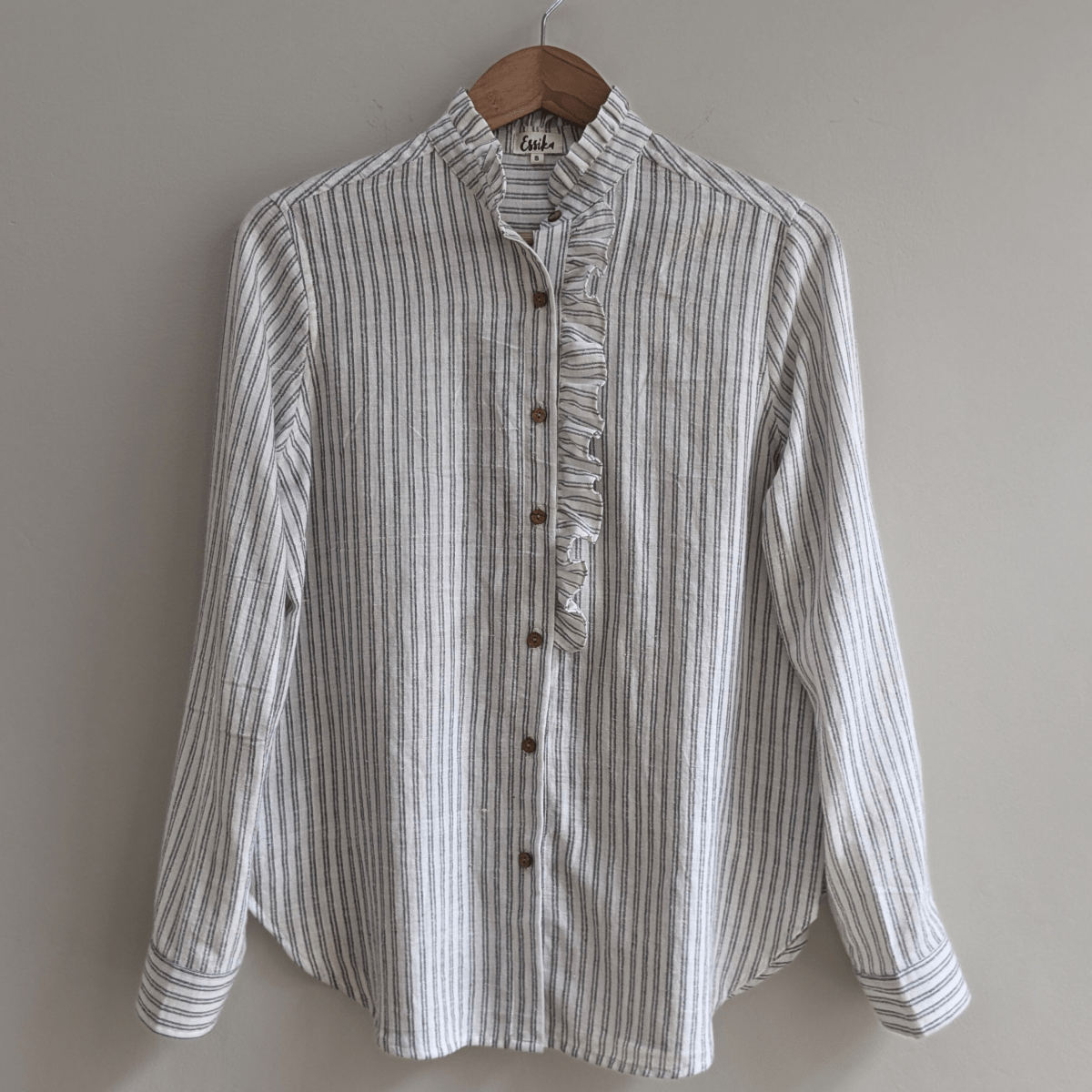 Women's Ruffle Cotton Shirt in Stripes – Womens Shirt by Essika Clothing available on Brown Living™. XS . SKU: 5025 - 75 - XS4340. Img 1.