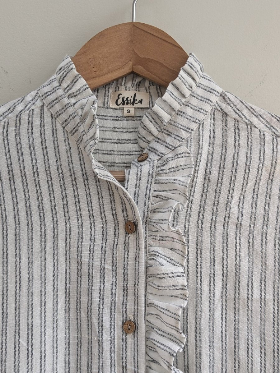 Women's Ruffle Cotton Shirt in Stripes – Womens Shirt by Essika Clothing available on Brown Living™. XS . SKU: 5025 - 75 - XS4340. Img 2.