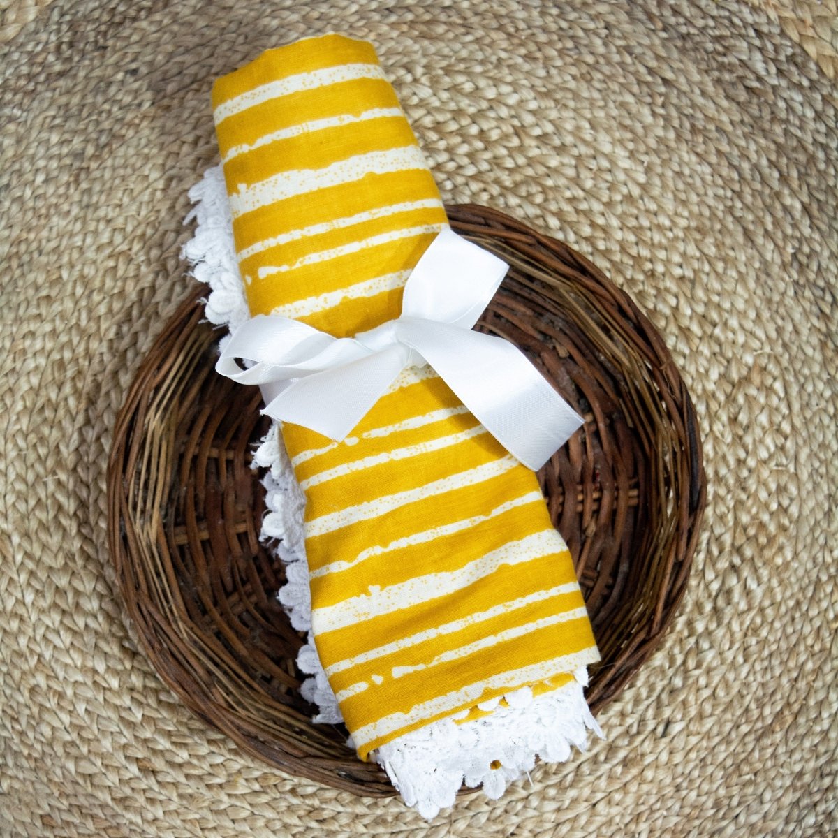 Yellow White Striped Cotton Swaddle with Lace Border | Verified Sustainable by Brown Living™