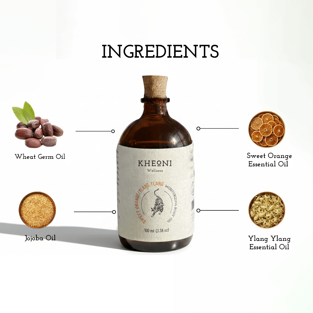 Sweet Orange & Ylang Ylang Moisturizing Body Oil – 100 ml – Body Oil on Brown Living™. SKU: FFBIOY100L. Img 2.