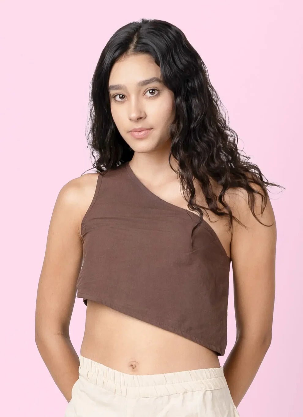 Swish - Brown One Shoulder Sleeveless Crop Top – Womens Top on Brown Living™. SKU: pH321. Img 5.