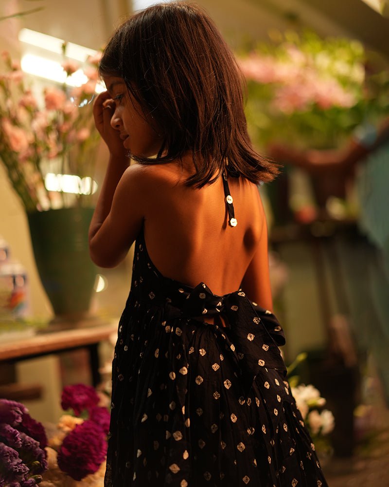 Tara Cotton Black Bandhani Halter Maxi Dress – Kids Frocks & Dresses by Love The World Today available on Brown Living™. 1 - 2 Y . SKU: C34G6BM12. Img 6.