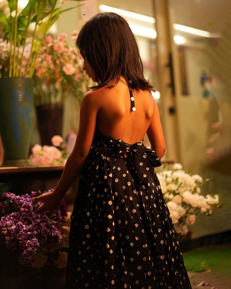 Tara Cotton Black Bandhani Halter Maxi Dress – Kids Frocks & Dresses by Love The World Today available on Brown Living™. 1 - 2 Y . SKU: C34G6BM12. Img 4.