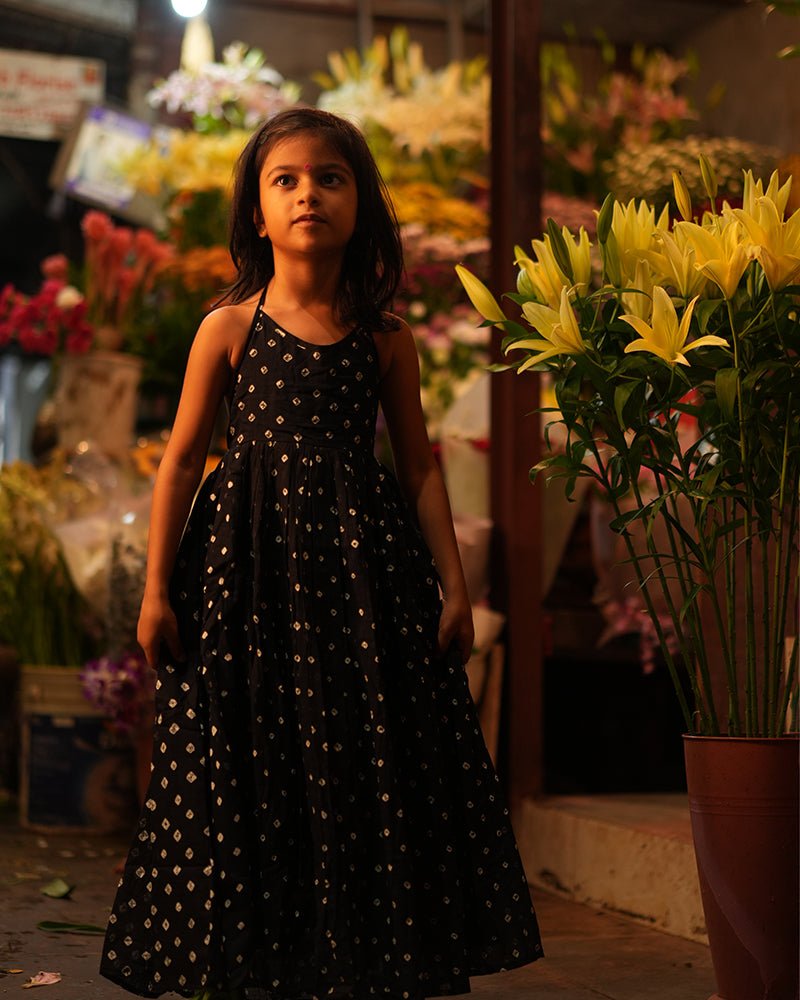 Tara Cotton Black Bandhani Halter Maxi Dress – Kids Frocks & Dresses by Love The World Today available on Brown Living™. 1 - 2 Y . SKU: C34G6BM12. Img 7.
