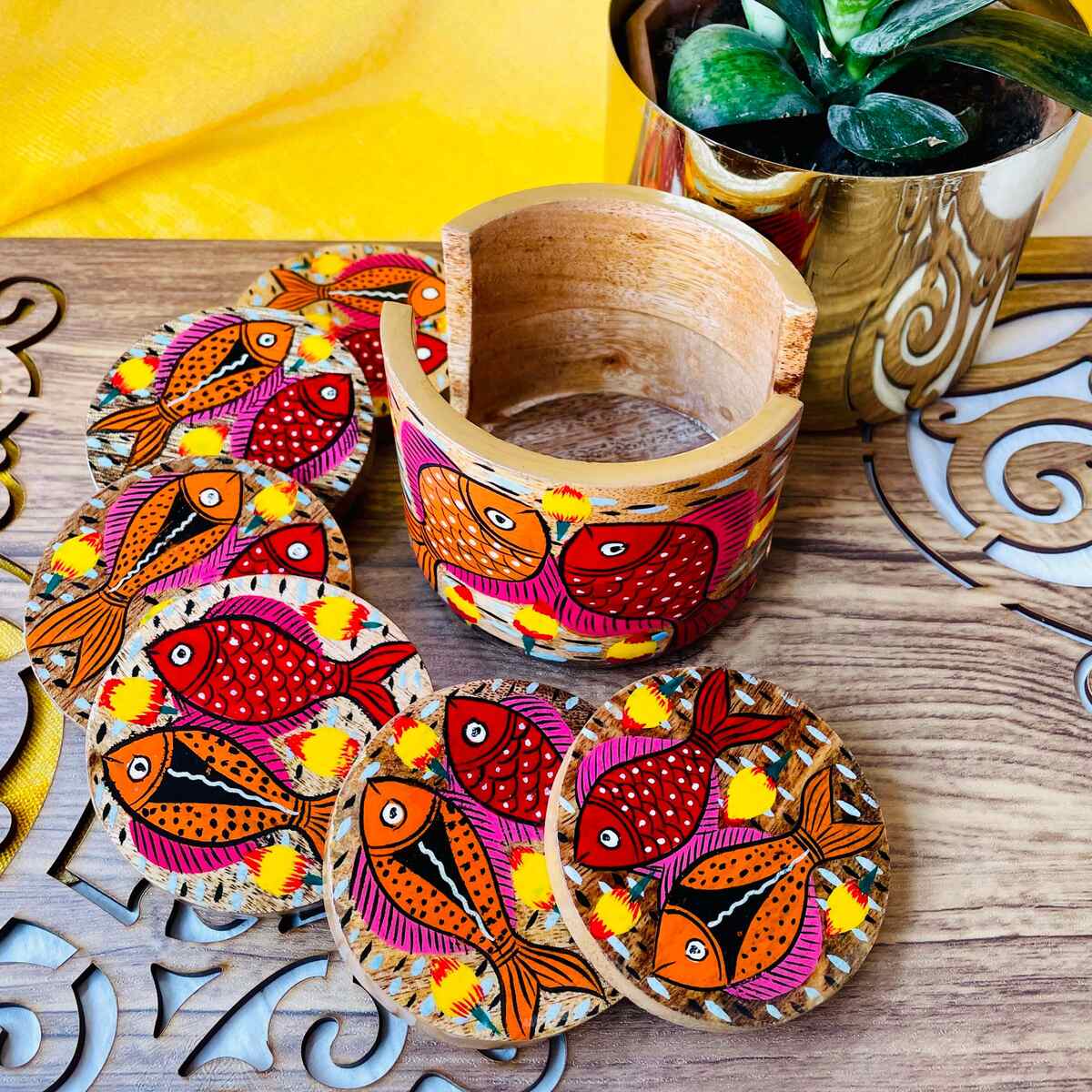 Tarang Round Handcrafted Mango Wood Coaster with Holder (Set of 6) | Verified Sustainable by Brown Living™