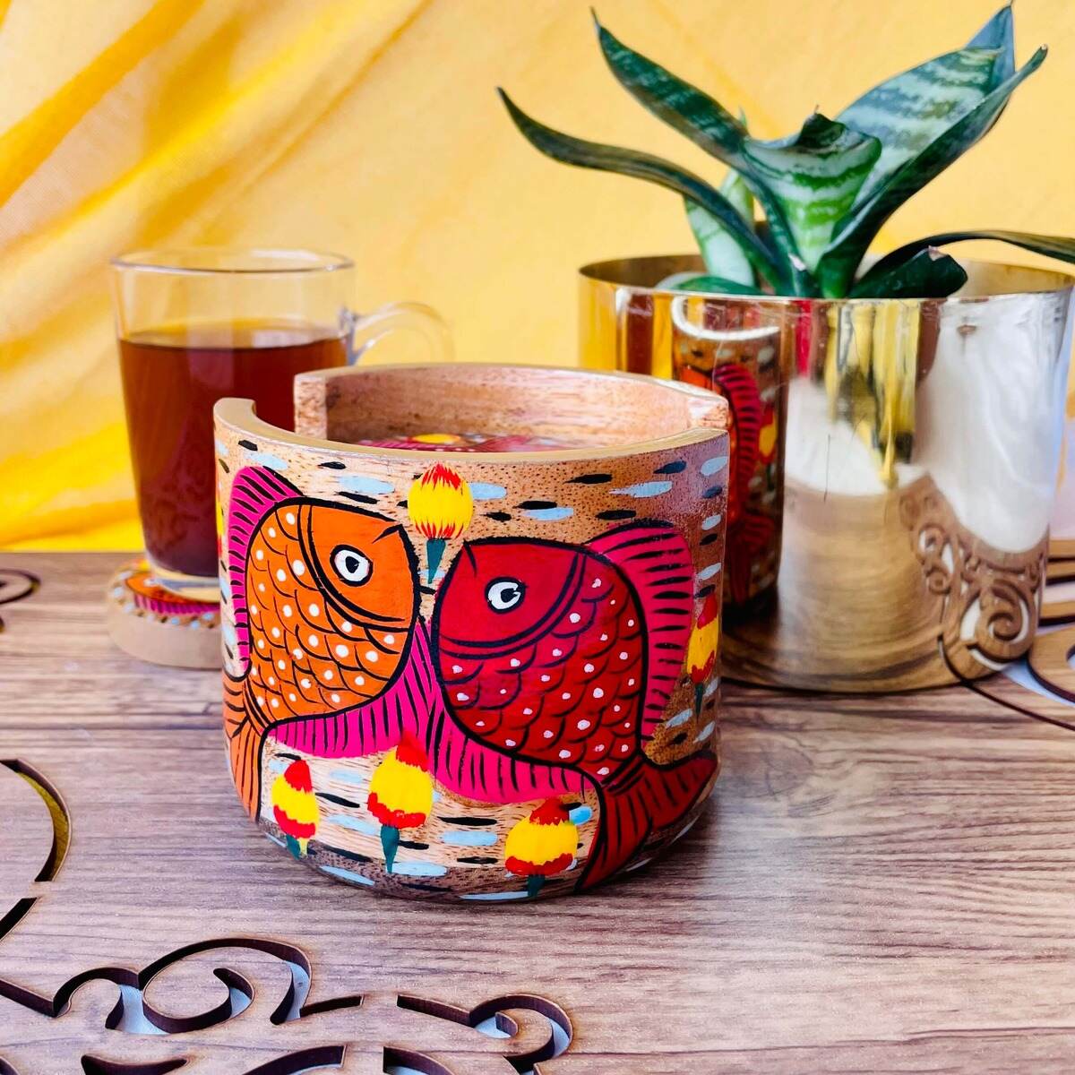 Tarang Round Handcrafted Mango Wood Coaster with Holder (Set of 6) | Verified Sustainable by Brown Living™