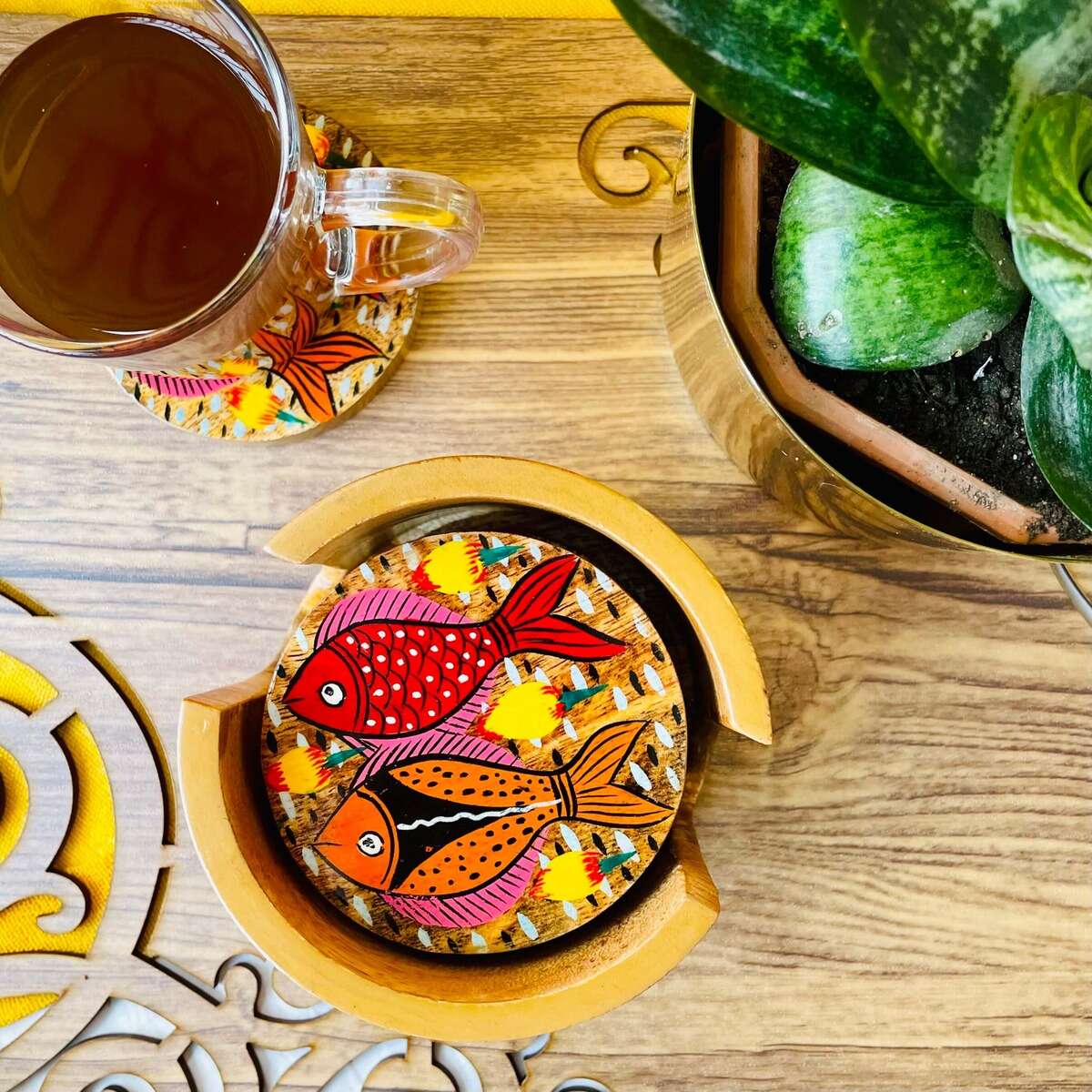 Tarang Round Handcrafted Mango Wood Coaster with Holder (Set of 6) | Verified Sustainable by Brown Living™