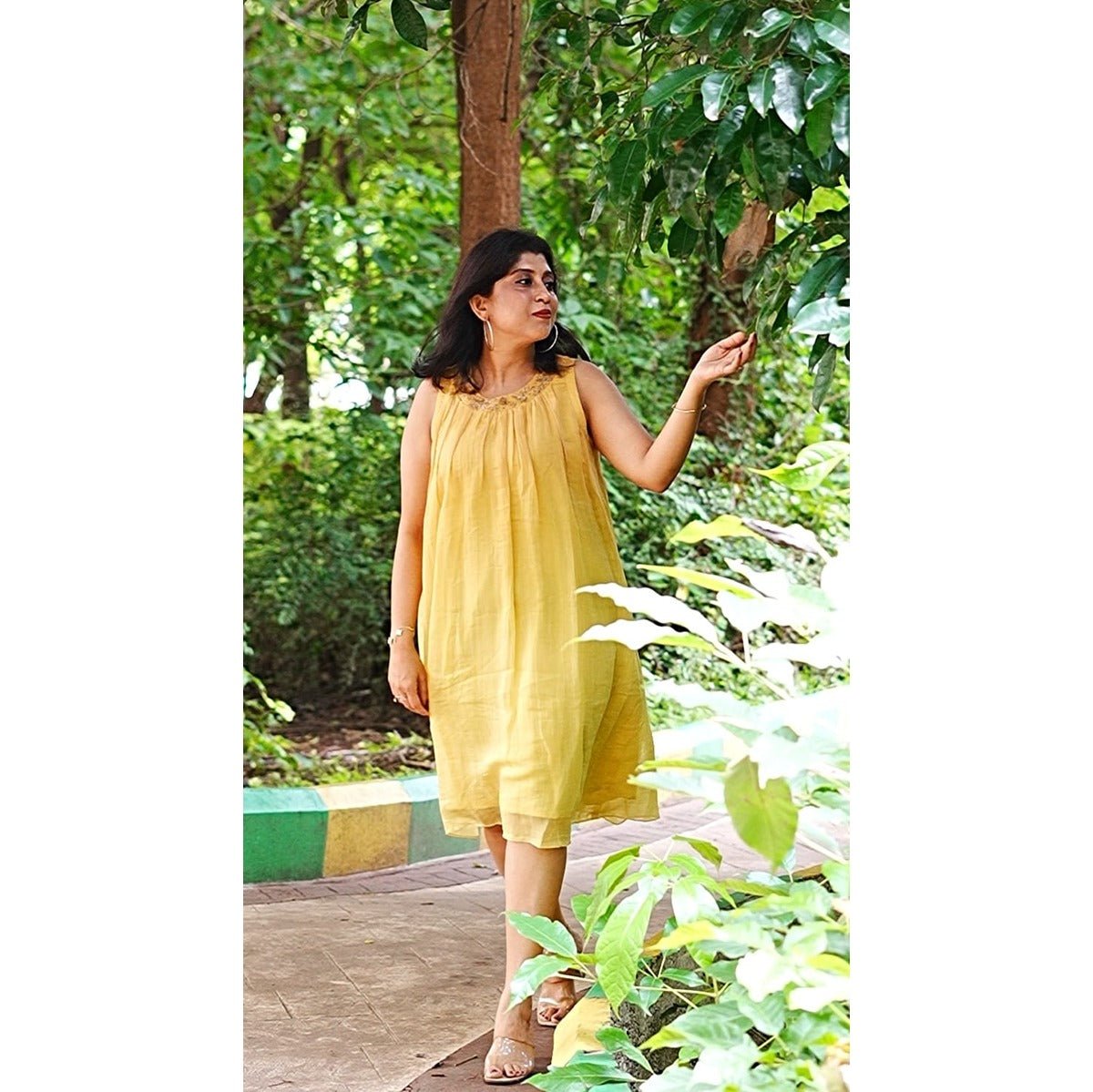 Tattva Soft Mustard Dress with Zardozi Neckwork for Women – Womens Dress on Brown Living™. SKU: HD1017XSN. Img 1.