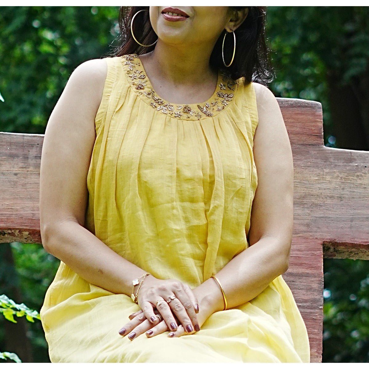 Tattva Soft Mustard Dress with Zardozi Neckwork for Women – Womens Dress on Brown Living™. SKU: HD1017XSN. Img 3.
