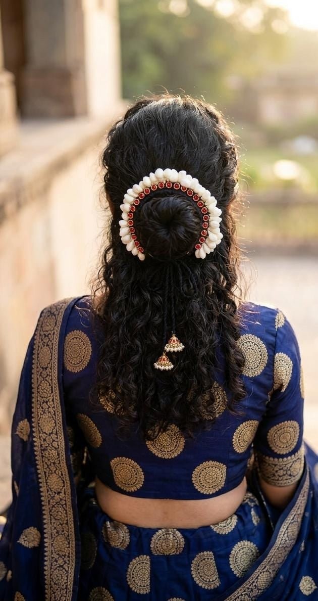Temple Flora Gajra | Handcrafted Floral Hair Accessory for Women – Jewellery on Brown Living™. SKU: SAR1009. Img 2.