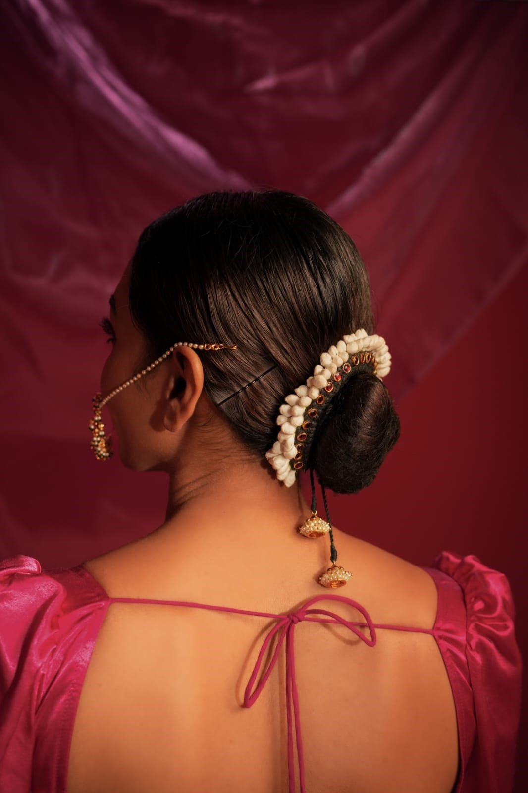 Temple Flora Gajra | Handcrafted Floral Hair Accessory for Women – Jewellery on Brown Living™. SKU: SAR1009. Img 4.