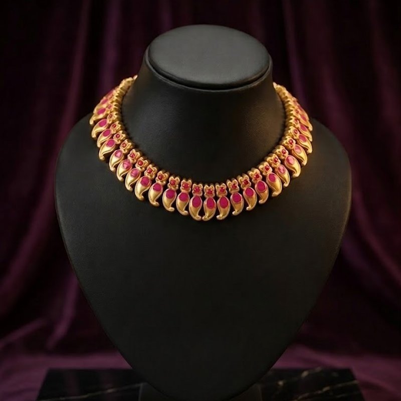 Temple Style Pink Stone Gold Finish Necklace Set – Womens Necklaces on Brown Living™. SKU: KOTT-T014. Img 2.