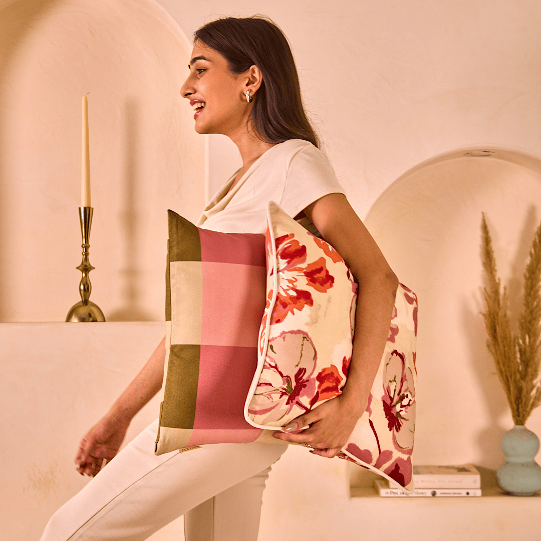 Terracotta Bloom Cushion Cover | Hemp Cotton Floral Cushion – Home Decor on Brown Living™. SKU: CU0012. Img 2.