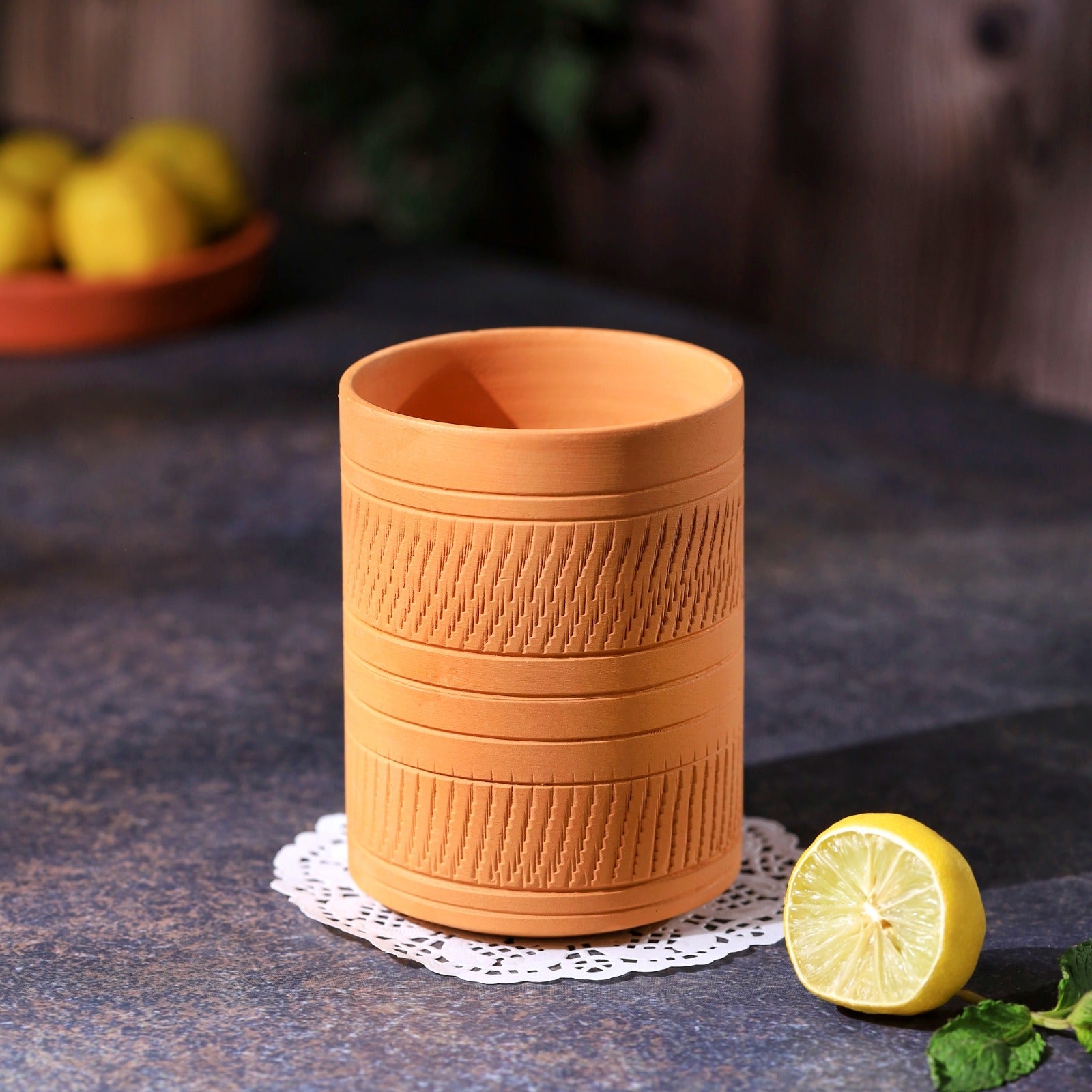 Terracotta Kohinoor Jumbo Glass | Handmade Clay Water Glass – Mugs on Brown Living™. SKU: DG-12. Img 8.