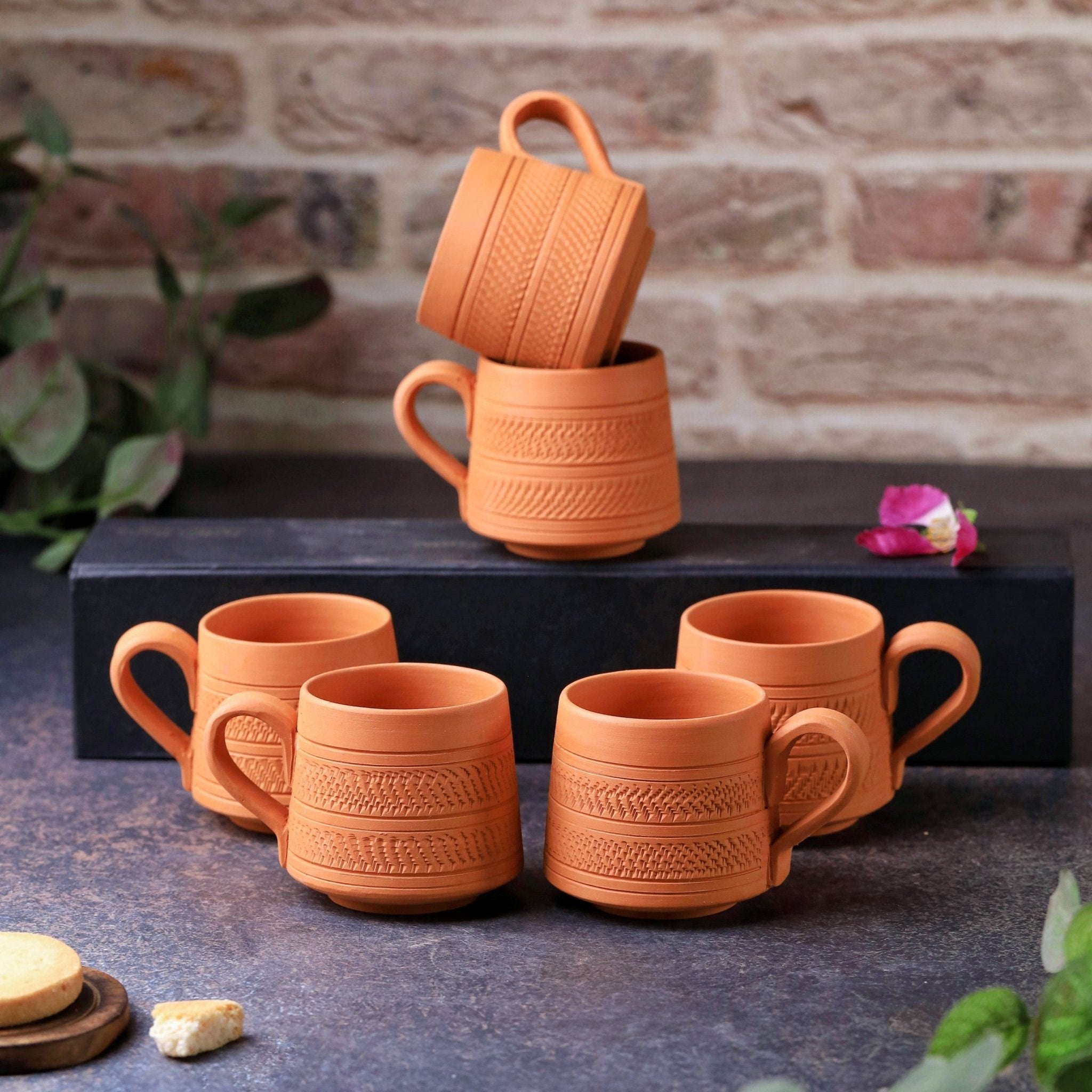 Terracotta Nawabi Tea Cup Set of 6 – Handcrafted Natural Clay Tea Cups – Cups & Saucers on Brown Living™. SKU: TC-2. Img 1.