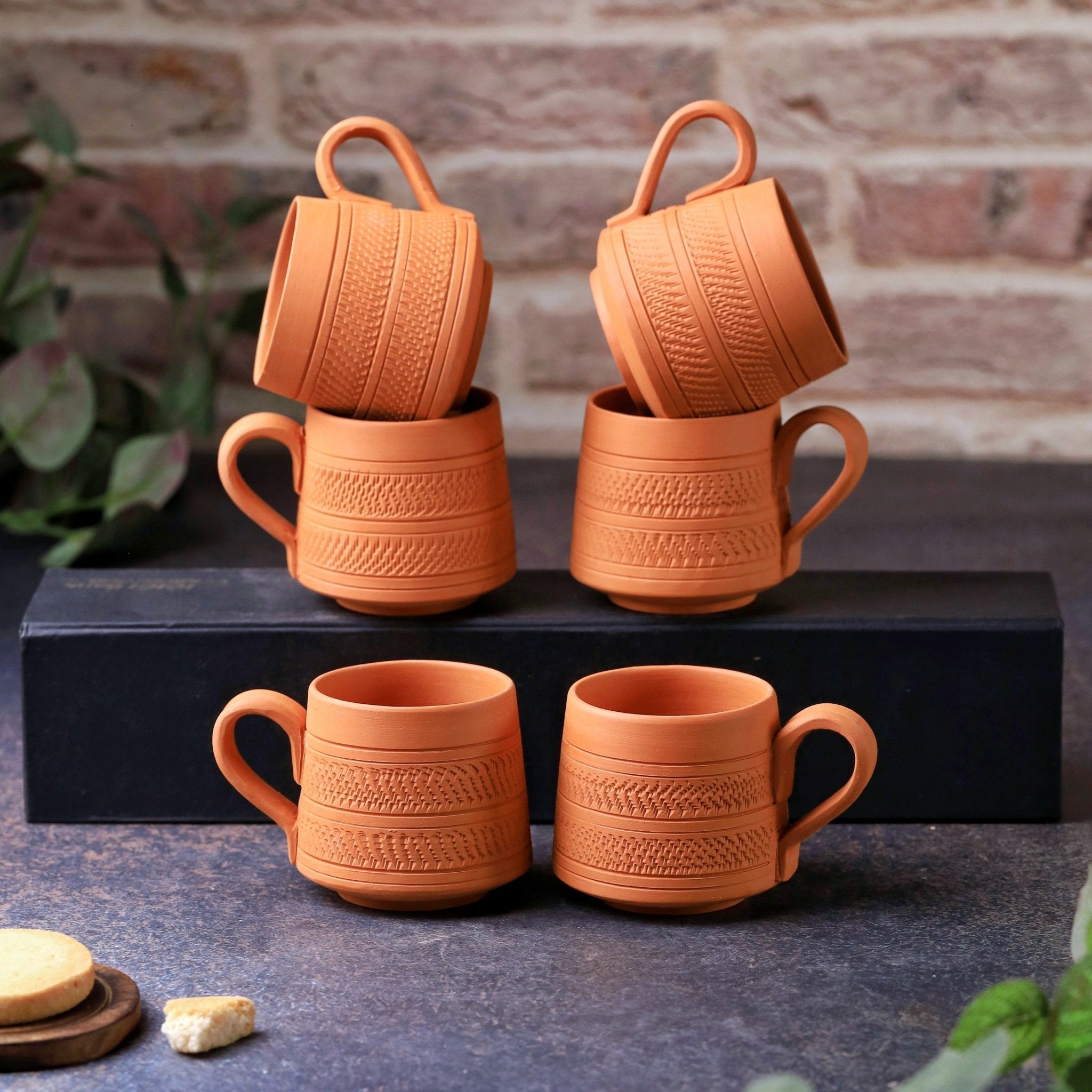 Terracotta Nawabi Tea Cup Set of 6 – Handcrafted Natural Clay Tea Cups – Cups & Saucers on Brown Living™. SKU: TC-2. Img 2.