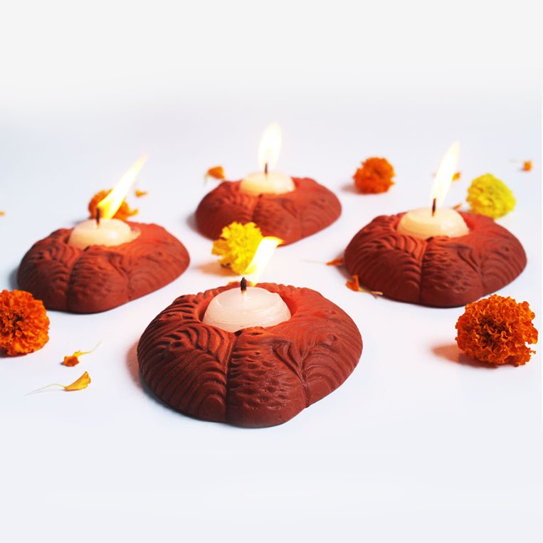 Terracotta Peacock Candle Holder | Set of 6 + 6 Pcs Complimentary Candles – Candles & Fragrances on Brown Living™. SKU: CH - PCK - 6. Img 1.