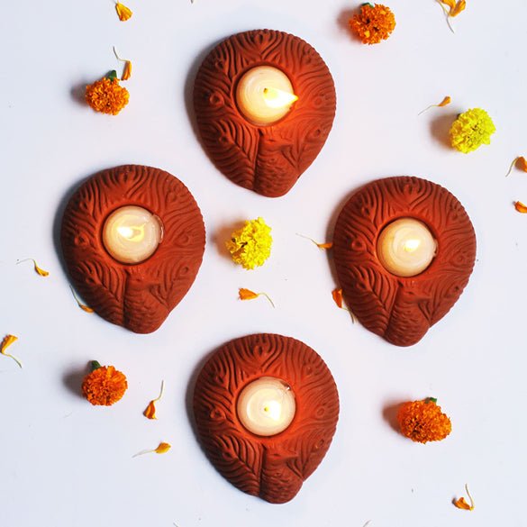 Terracotta Peacock Candle Holder | Set of 6 + 6 Pcs Complimentary Candles – Candles & Fragrances on Brown Living™. SKU: CH - PCK - 6. Img 3.