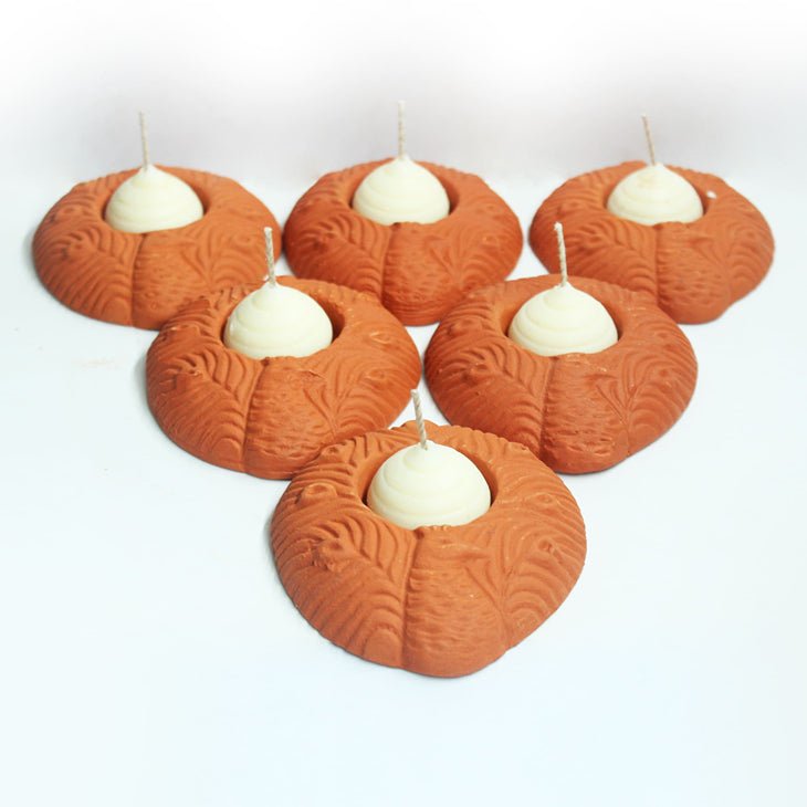 Terracotta Peacock Candle Holder | Set of 6 + 6 Pcs Complimentary Candles – Candles & Fragrances on Brown Living™. SKU: CH - PCK - 6. Img 2.