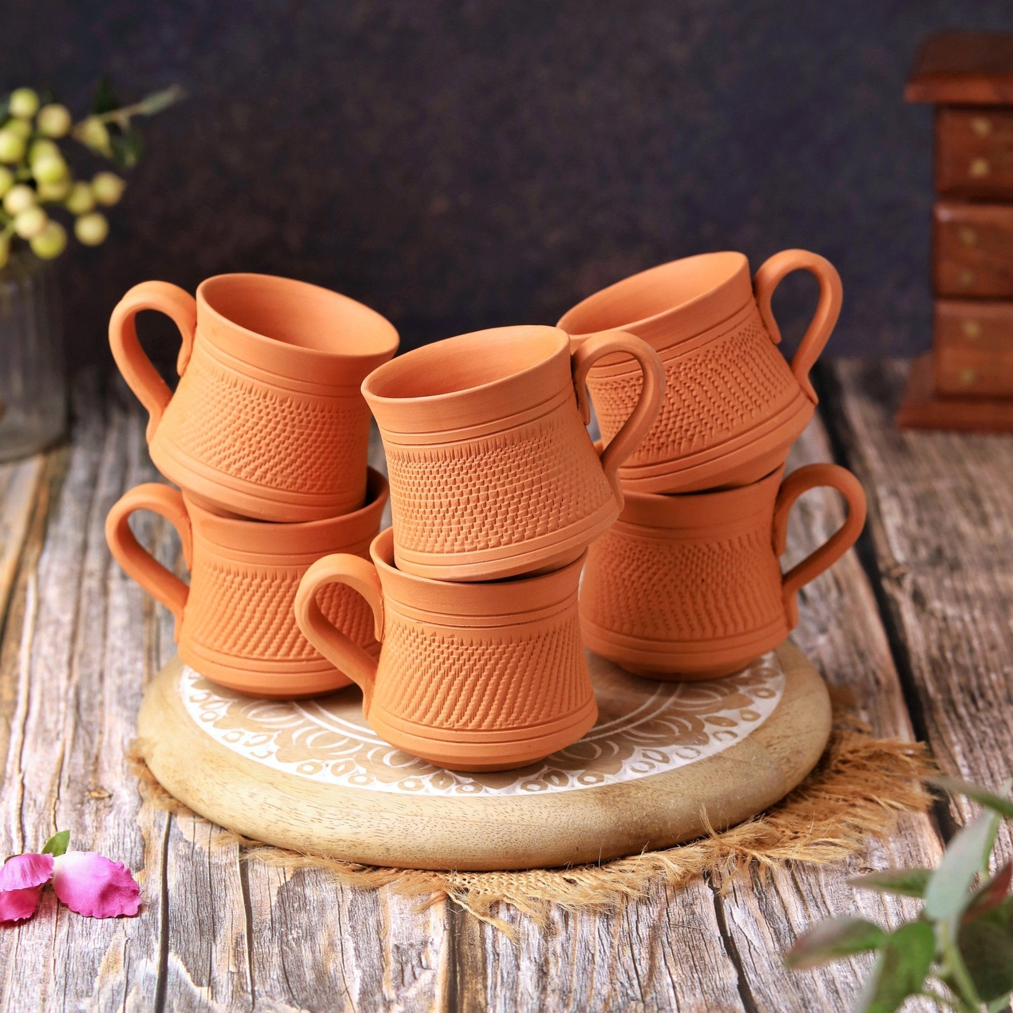 Terracotta Royal Tea Cup Set of 6 – Handcrafted Natural Clay Tea Cups – Mugs on Brown Living™. SKU: TC-1. Img 3.