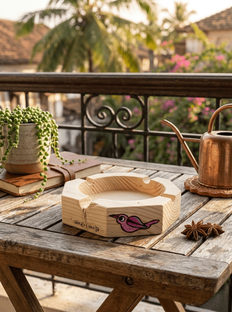 The Sacred Bird: Pine Wood Ashtray with Ethnic Tribal Detailing – Home Decor on Brown Living™. SKU: GDBPATMDMC03. Img 1.