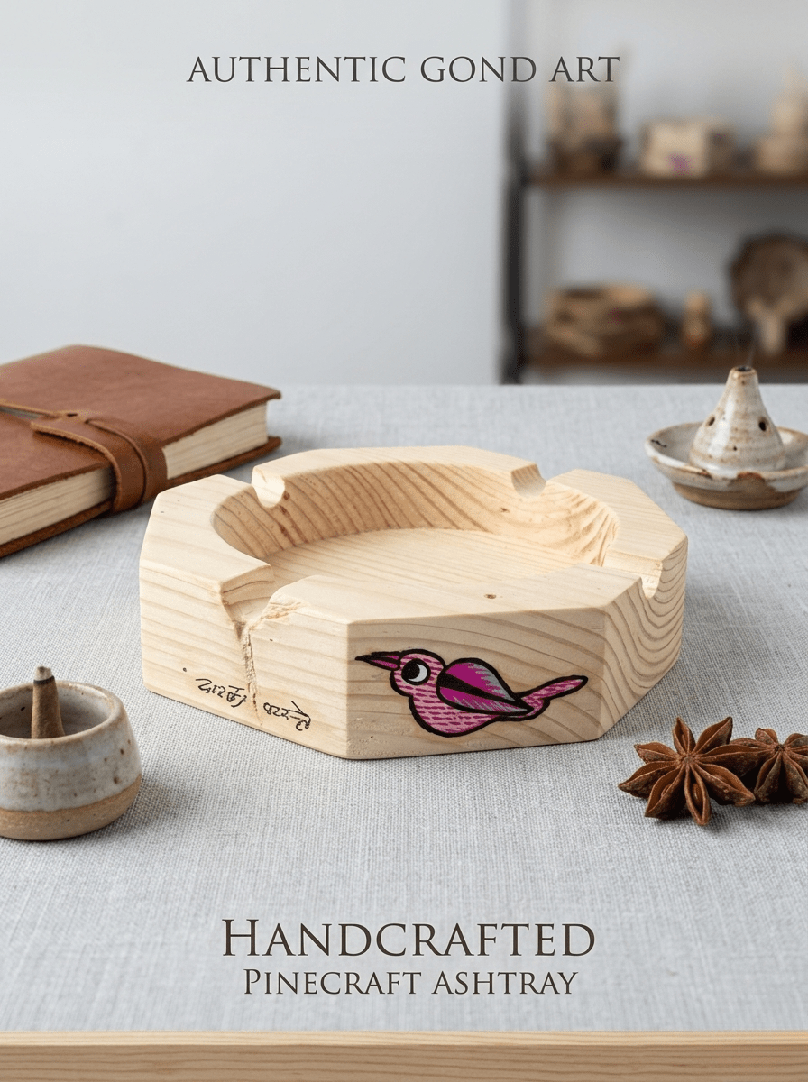The Sacred Bird: Pine Wood Ashtray with Ethnic Tribal Detailing – Home Decor on Brown Living™. SKU: GDBPATMDMC03. Img 2.