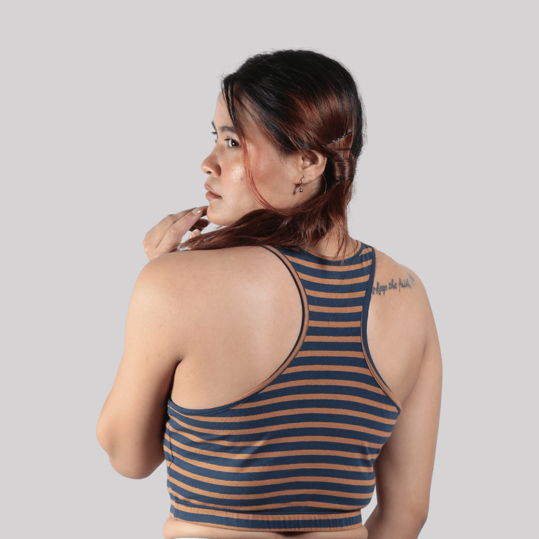The Sunday Drift Organic Cotton Co-Ord Set | Soft & Breathable Women's – Womens Co-Ord Sets on Brown Living™. SKU: 015CSBrownStripe-NavyS. Img 4.