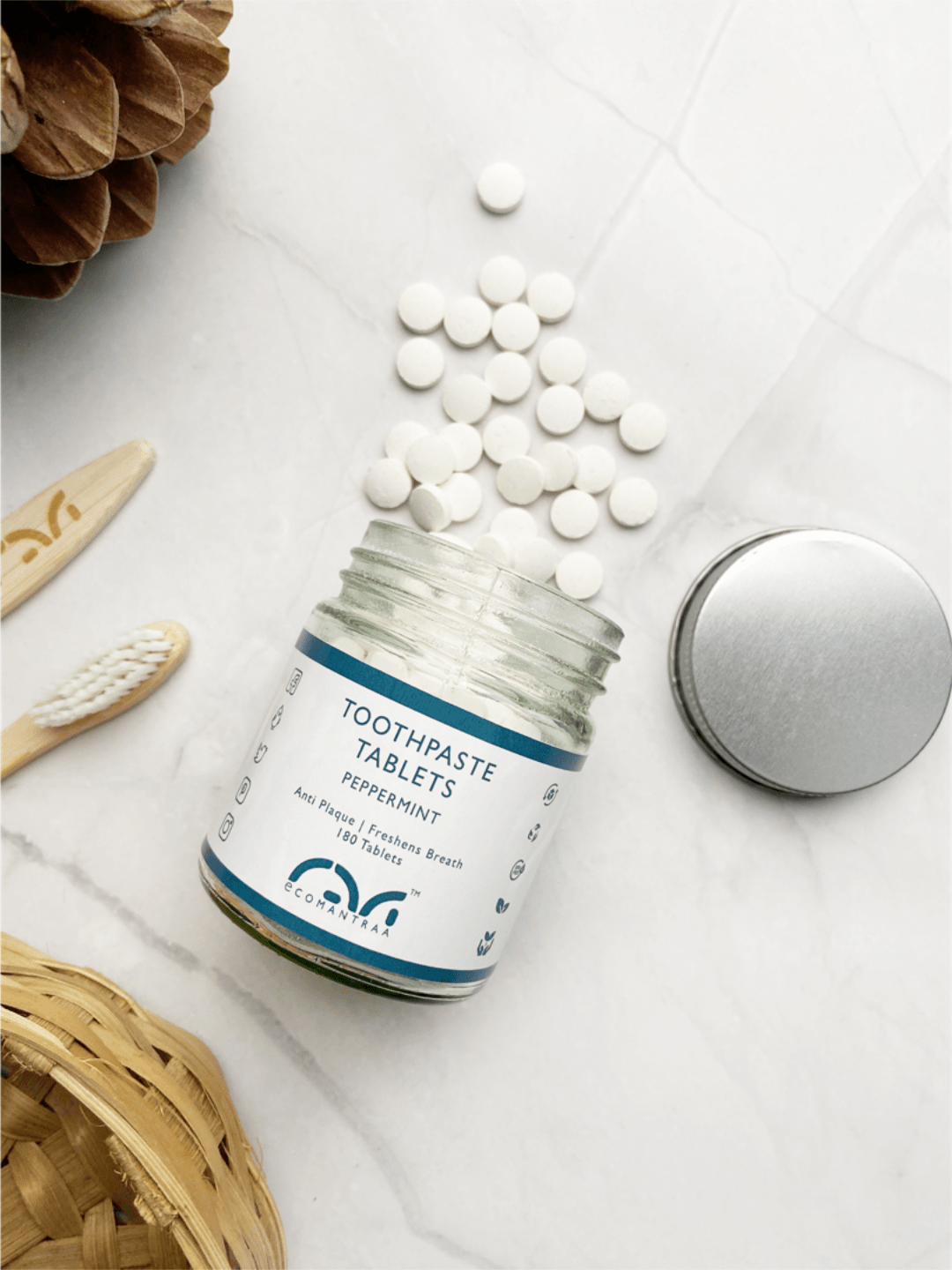 Toothpaste Tablets (60 Nos) | Natural Fluoride - Free Tablets – Tooth Cleaning Powder on Brown Living™. SKU: EM-00103. Img 1.